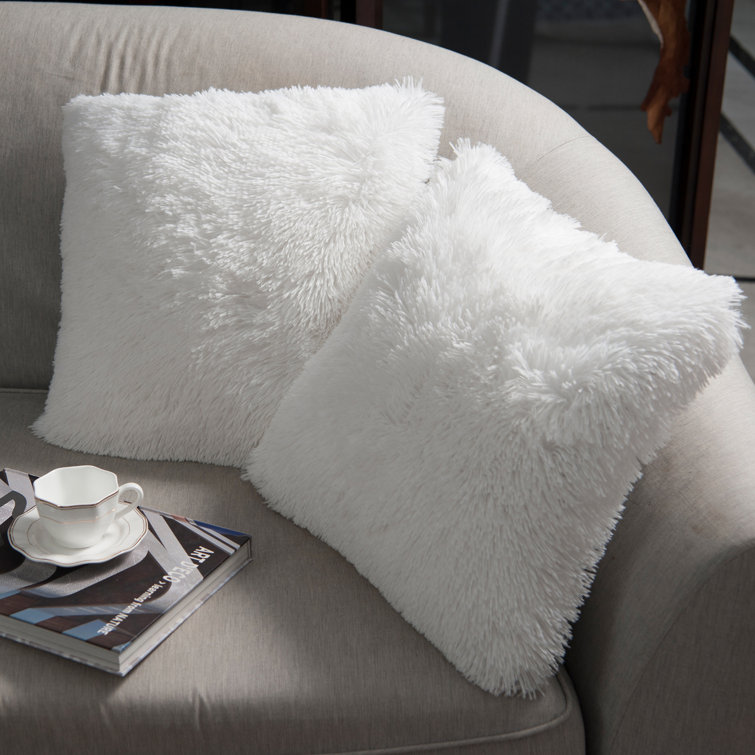 White Faux Fur Square Pillow Covers with Tassels, 20" x 20", Set of 2