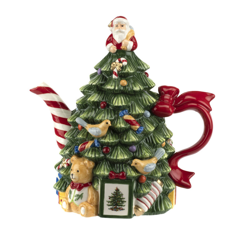 Festive Green and Red Ceramic Christmas Tree Teapot, 27 oz