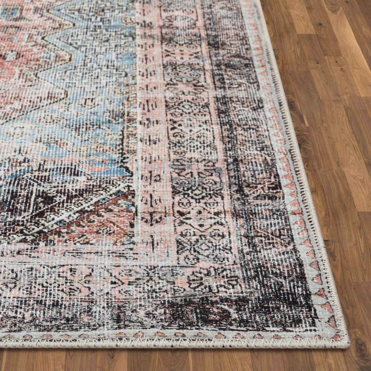Light Blue and Pink Oriental Chenille Runner Rug