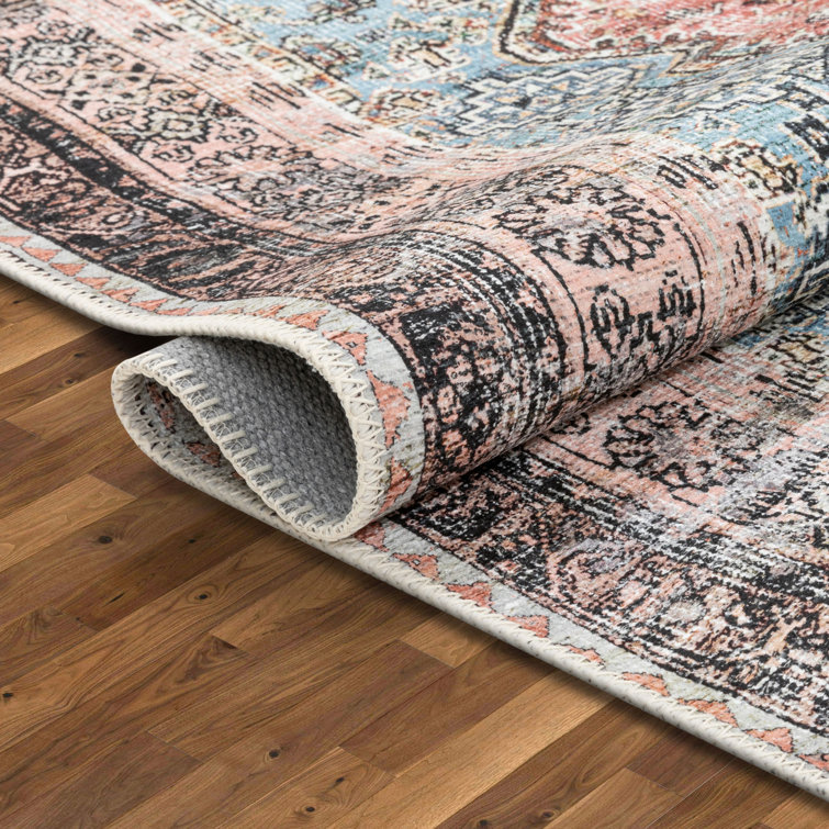 Light Blue and Pink Oriental Chenille Runner Rug