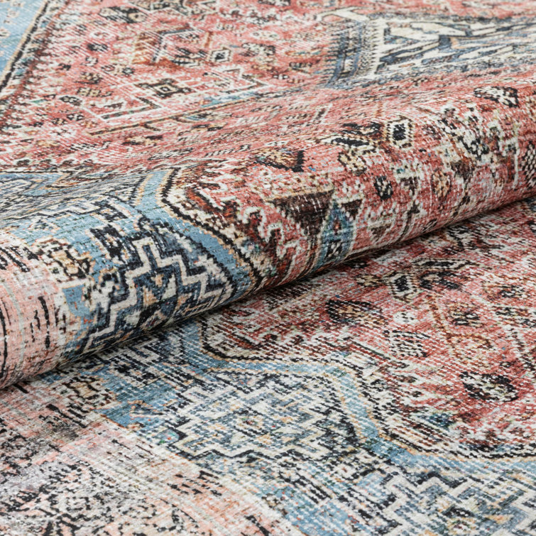 Light Blue and Pink Oriental Chenille Runner Rug