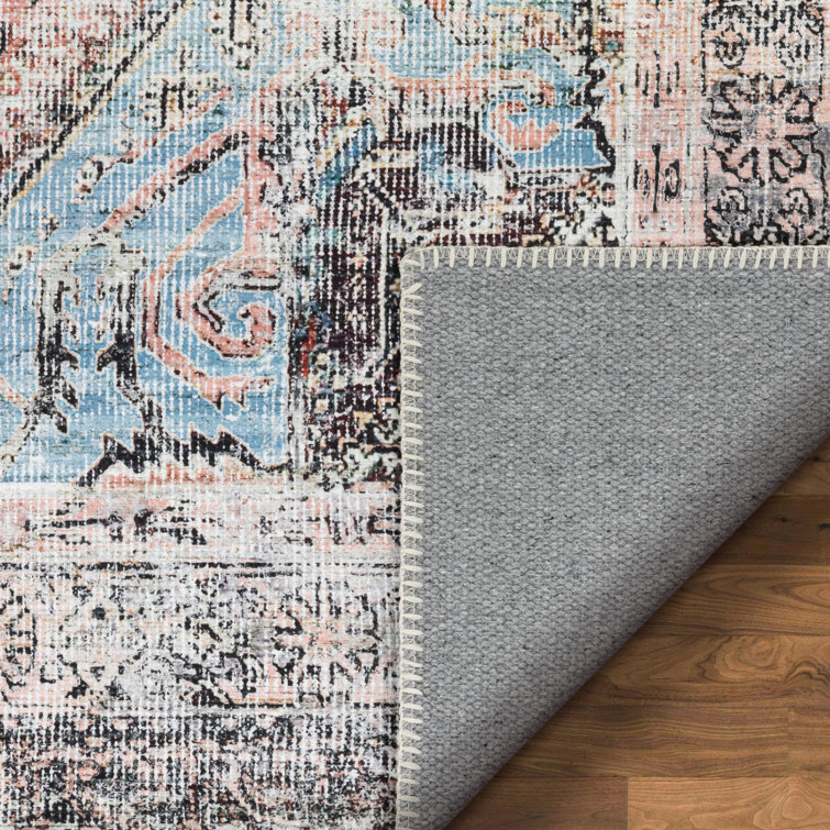 Light Blue and Pink Oriental Chenille Runner Rug