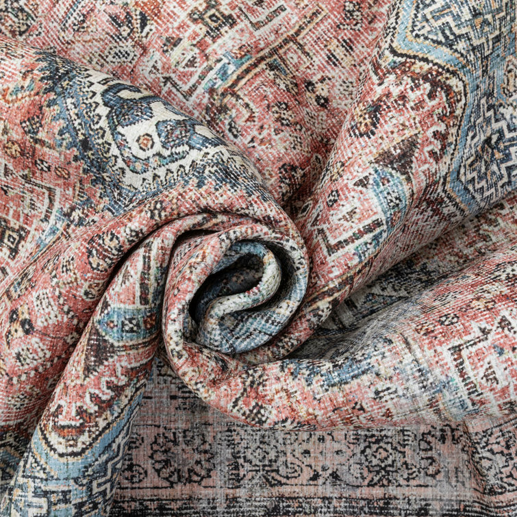 Light Blue and Pink Oriental Chenille Runner Rug