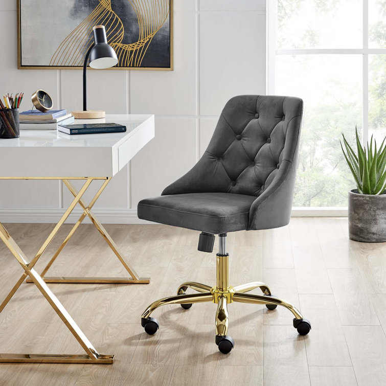 Gold Gray Velvet Swivel Task Chair with Metal Accents