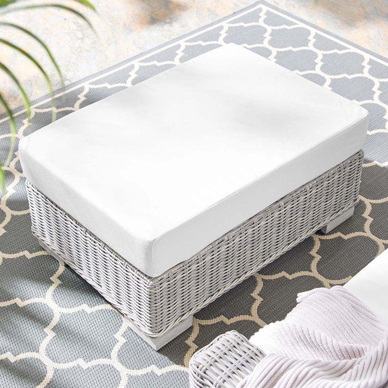 Conway Light Gray Wicker Rattan Patio Ottoman with White Cushion