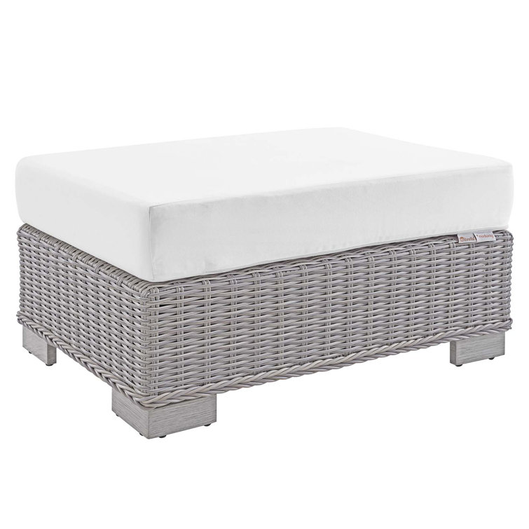 Conway Light Gray Wicker Rattan Patio Ottoman with White Cushion