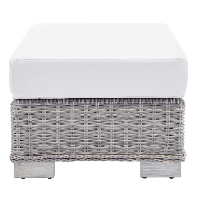 Conway Light Gray Wicker Rattan Patio Ottoman with White Cushion