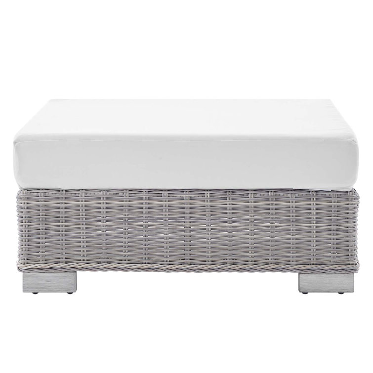 Conway Light Gray Wicker Rattan Patio Ottoman with White Cushion