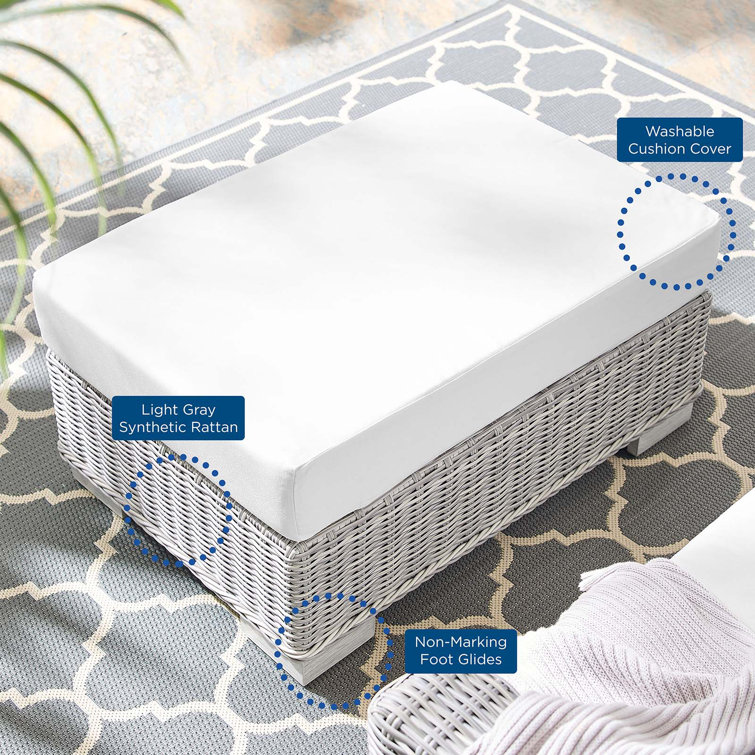 Conway Light Gray Wicker Rattan Patio Ottoman with White Cushion