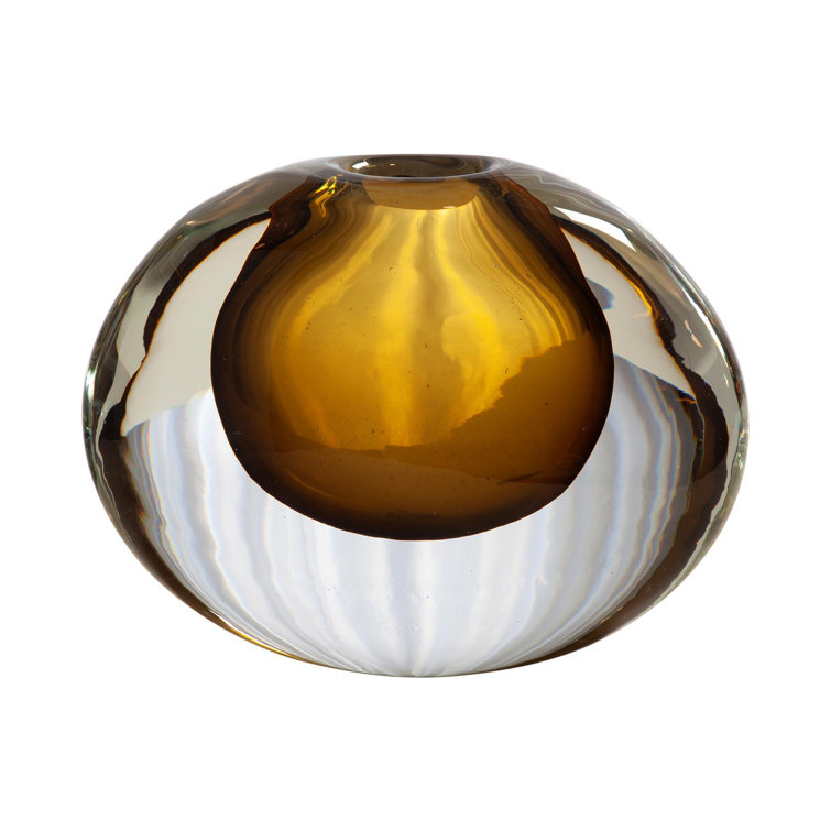 Amber and Clear Glass Decorative Round Vase