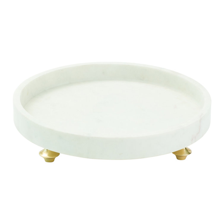 White Marble Round Tray with Brass Feet