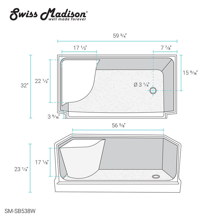 White Acrylic Single Threshold Shower Base with Seat and Right Drain