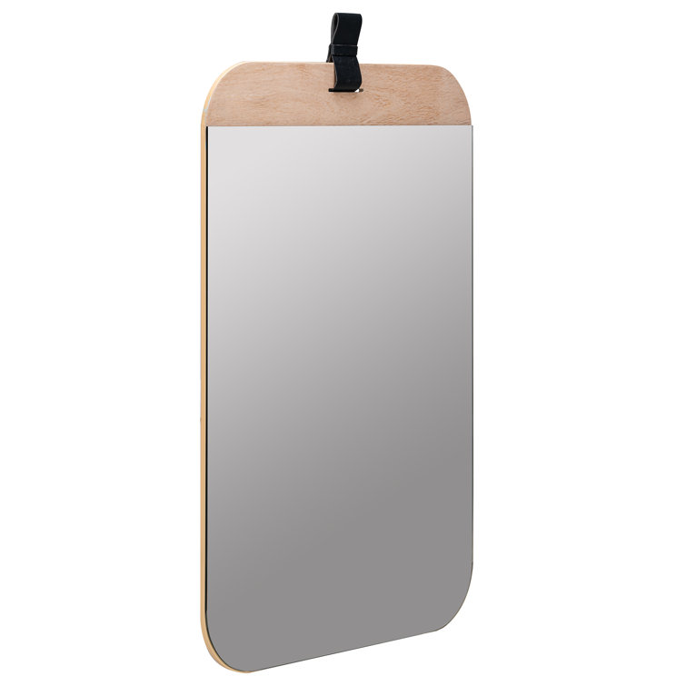 Modern Farmhouse Blonde Wood Rectangular Wall Mirror with Gold Leather Strap