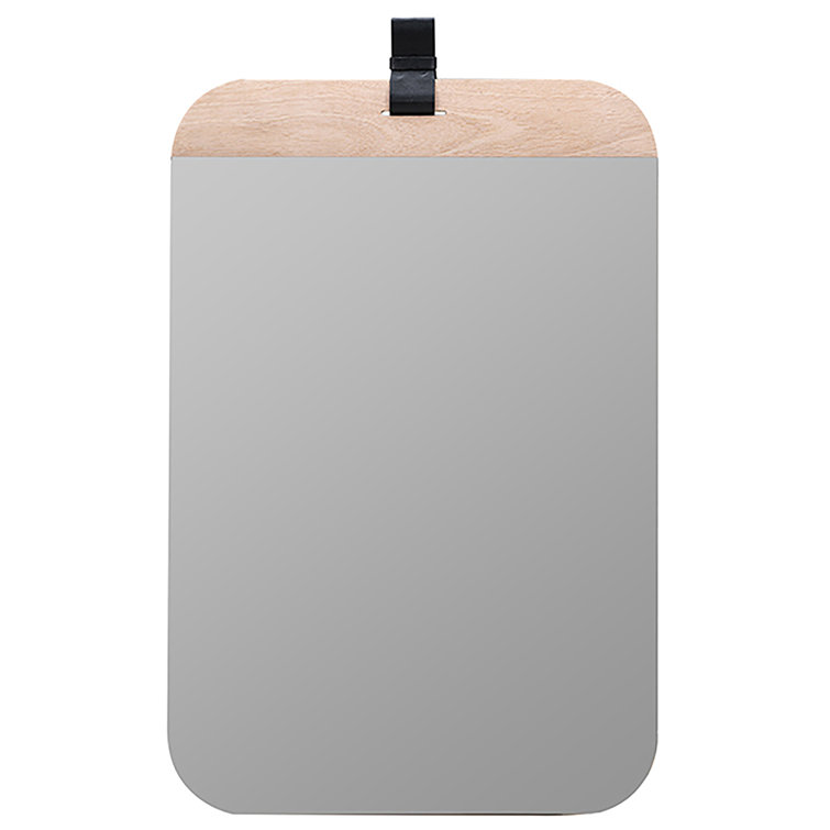 Modern Farmhouse Blonde Wood Rectangular Wall Mirror with Gold Leather Strap