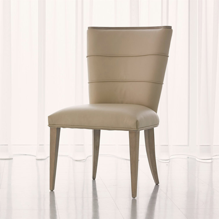 Beige Leather Upholstered Side Chair with Wood Trim