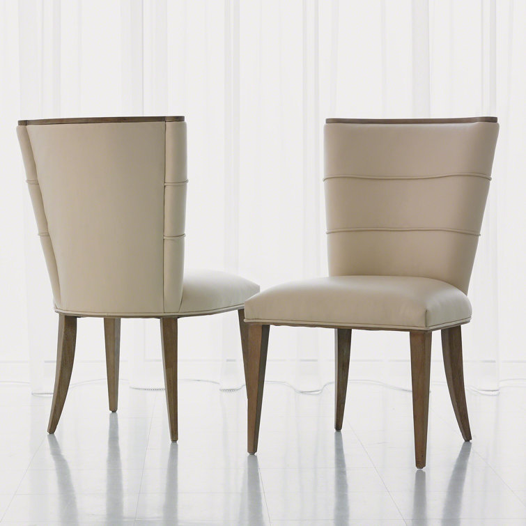 Beige Leather Upholstered Side Chair with Wood Trim