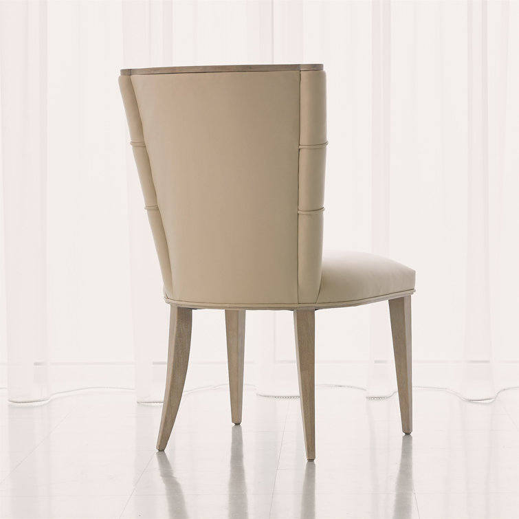 Beige Leather Upholstered Side Chair with Wood Trim
