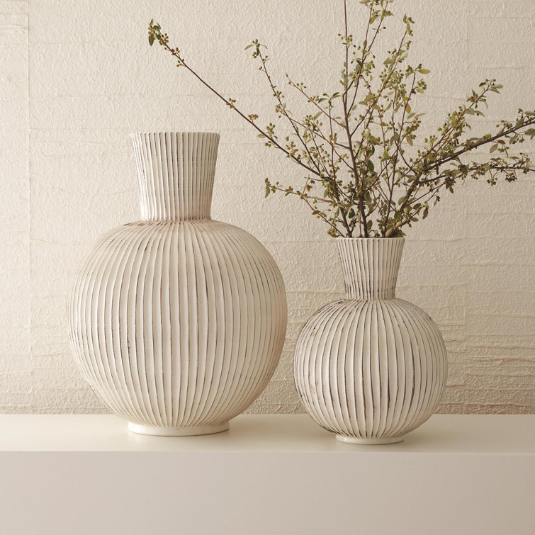 White Ribbed Ceramic Decorative Sphere Vase