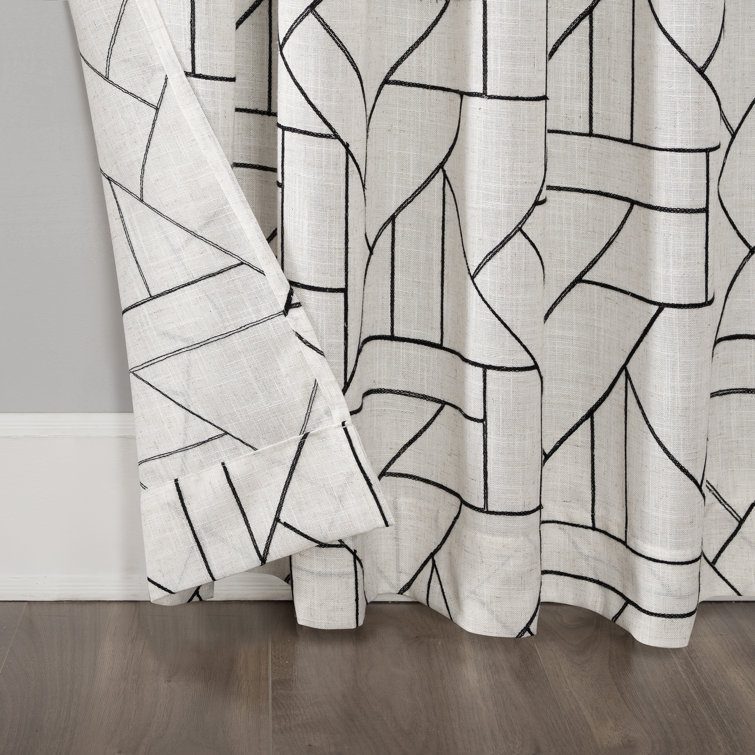 Black and Linen Geometric Embroidered Semi-Sheer Curtain Panel