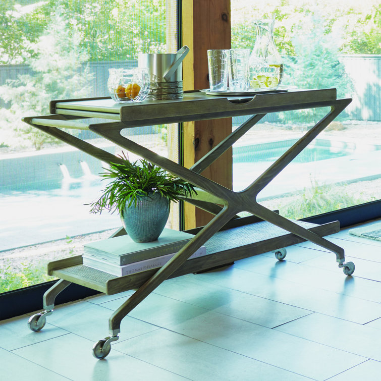 Grey Cerused Ash and Nickel Finish Oval Bar Cart with Storage