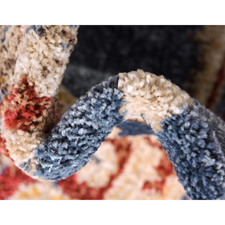 Navy Blue and Red Oriental Synthetic Runner Rug