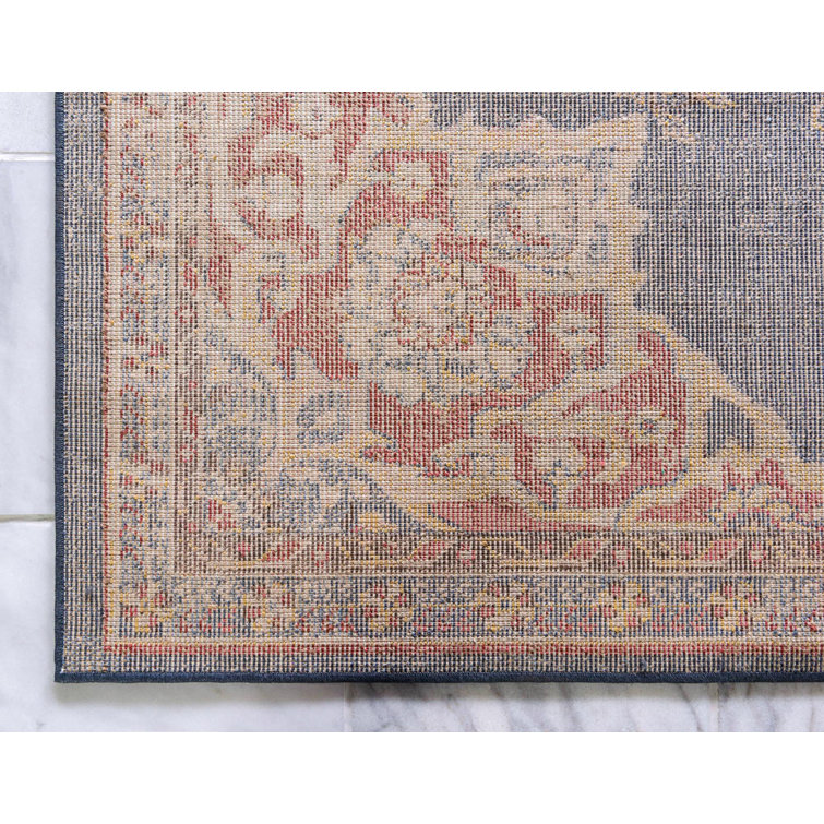 Navy Blue and Red Oriental Synthetic Runner Rug