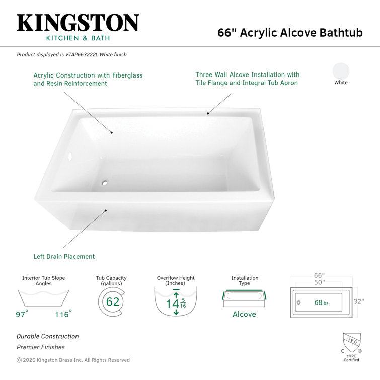 Aqua Eden 66-Inch White Acrylic Alcove Tub