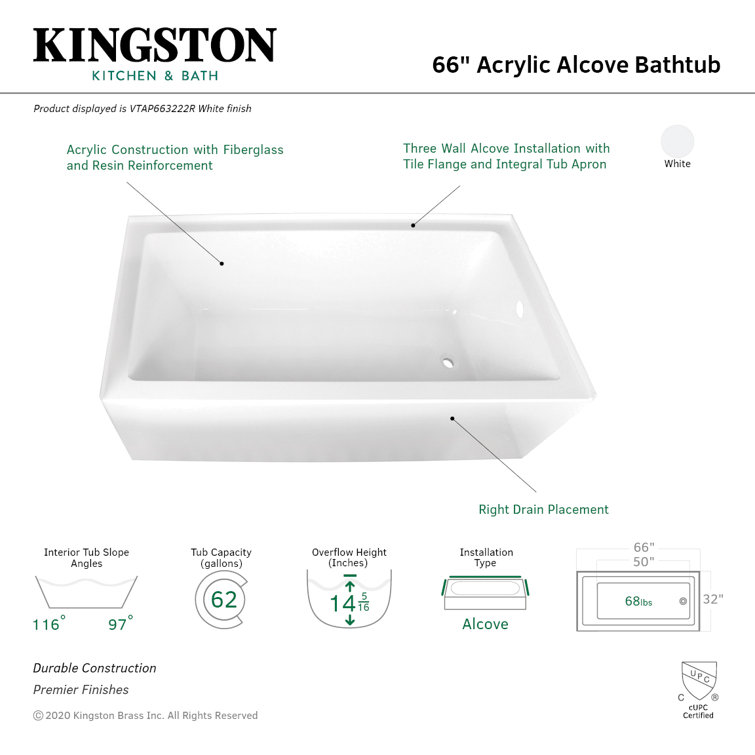 Aqua Eden 66-Inch White Acrylic Alcove Tub with Right Drain