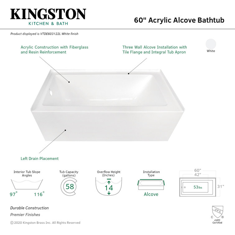 Aqua Eden 60" White Acrylic Alcove Bathtub with Left Drain
