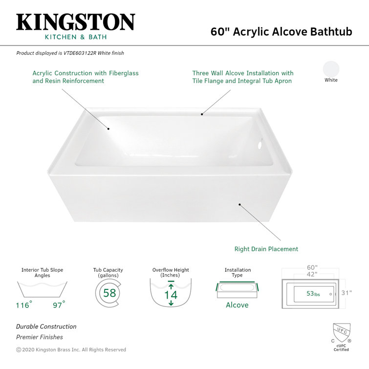 White Acrylic 60-Inch Alcove Soaking Bathtub with Right Hand Drain