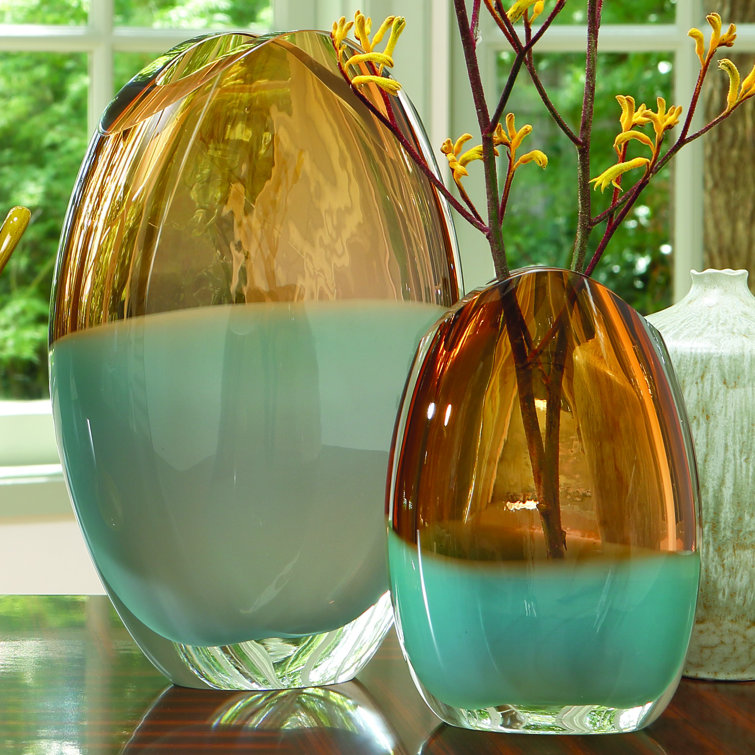 Elegant Pistachio Amber Glass Vase 10" H x 6.75" W