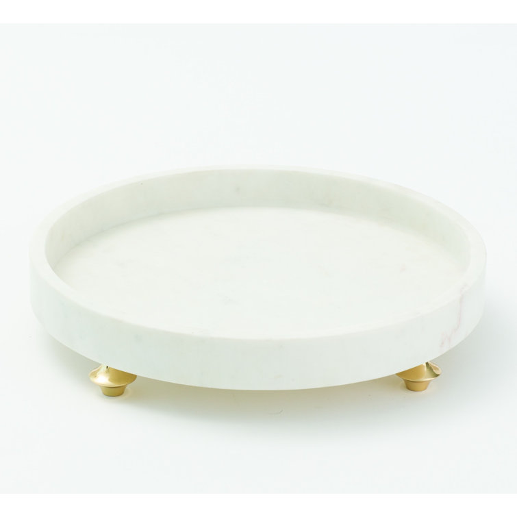 White Marble Round Tray with Brass Feet