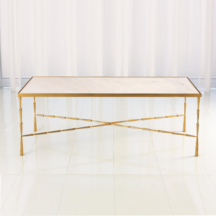 Antique Brass Spike Rectangular Cocktail Table with Marble Top