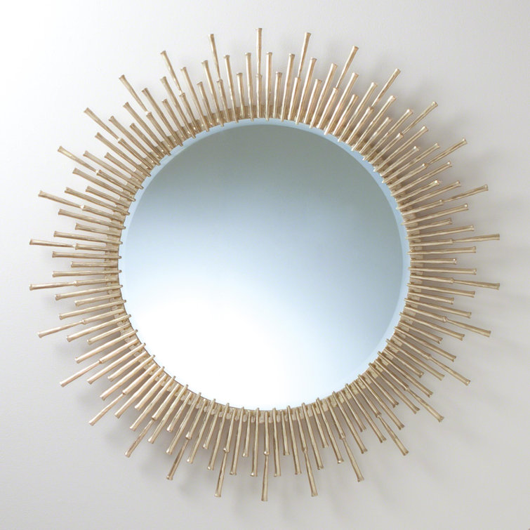 Sunburst Antique Brass Round Wall Mirror with Golden Spikes
