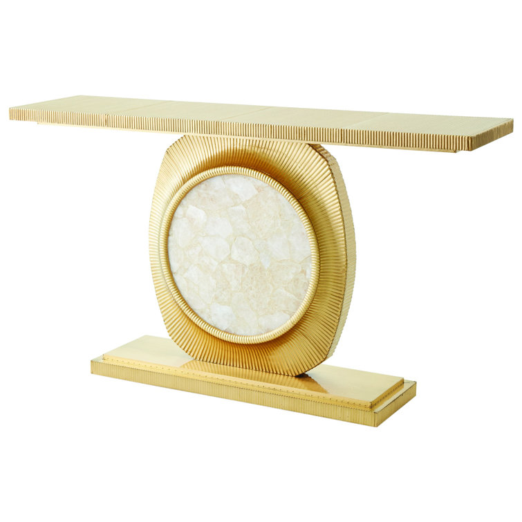 Opera Fluted Gold Brass Console with Quartz Stone Insert