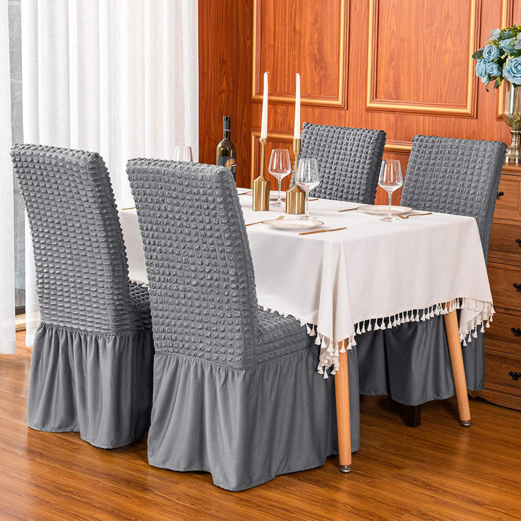 Gray Stretchable Dining Chair Slipcover with Ruffle Skirt