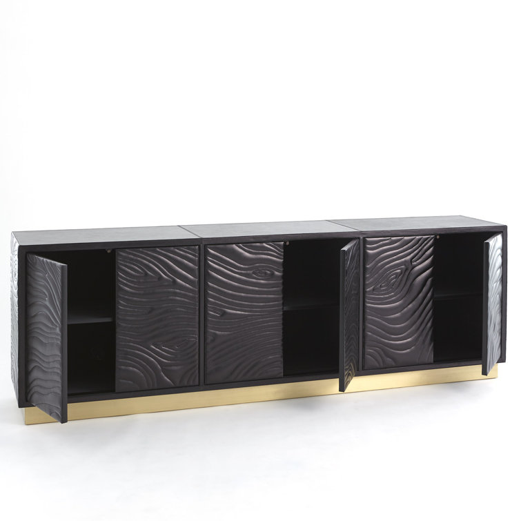 Charcoal Leather Long Cabinet with Brass Base