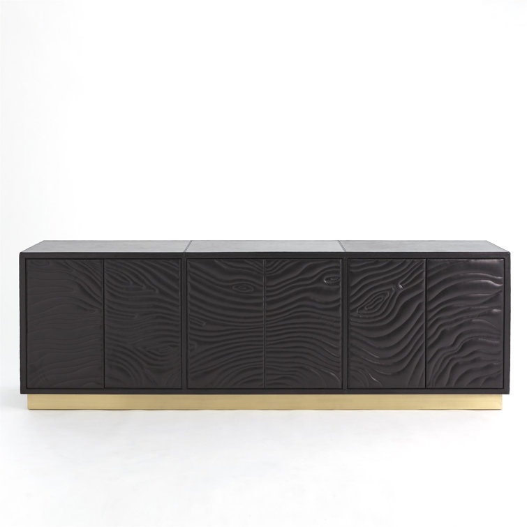 Charcoal Leather Long Cabinet with Brass Base