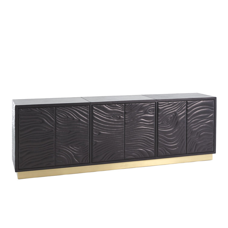 Charcoal Leather Long Cabinet with Brass Base