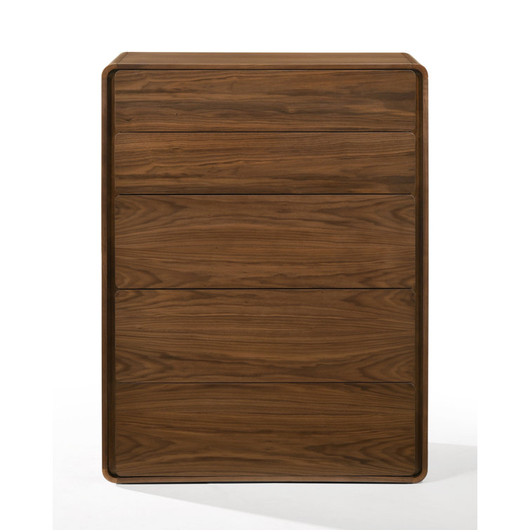 Walnut Mid-Century Modern 5-Drawer Dresser with Soft Close