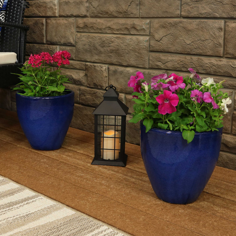 Imperial Blue Medium Ceramic Indoor/Outdoor Planter Set with Drainage Holes