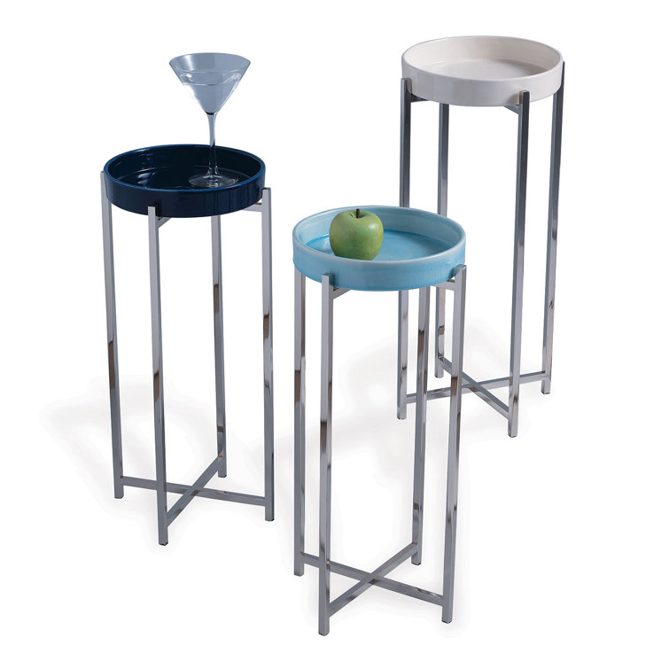 Sky Blue Round Metal Tray Top Accent Table with Polished Nickel Frame