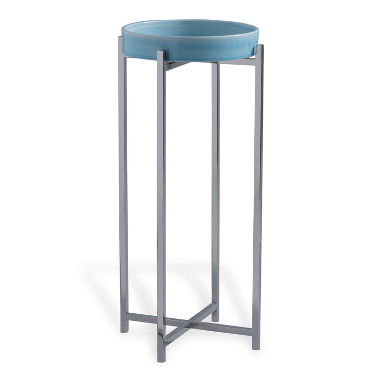 Sky Blue Round Metal Tray Top Accent Table with Polished Nickel Frame