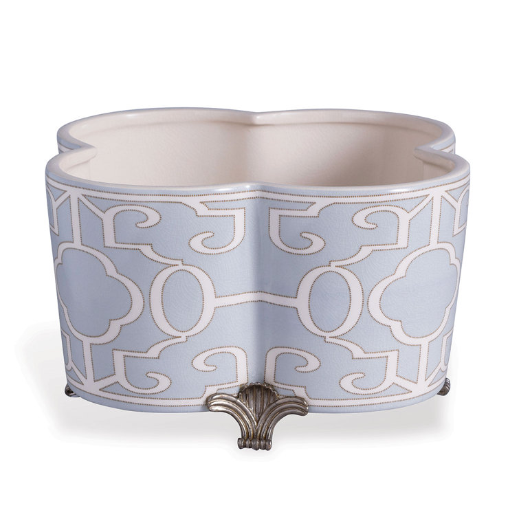 Quatrefoil Blue and Cream Porcelain Planter with Brass Feet