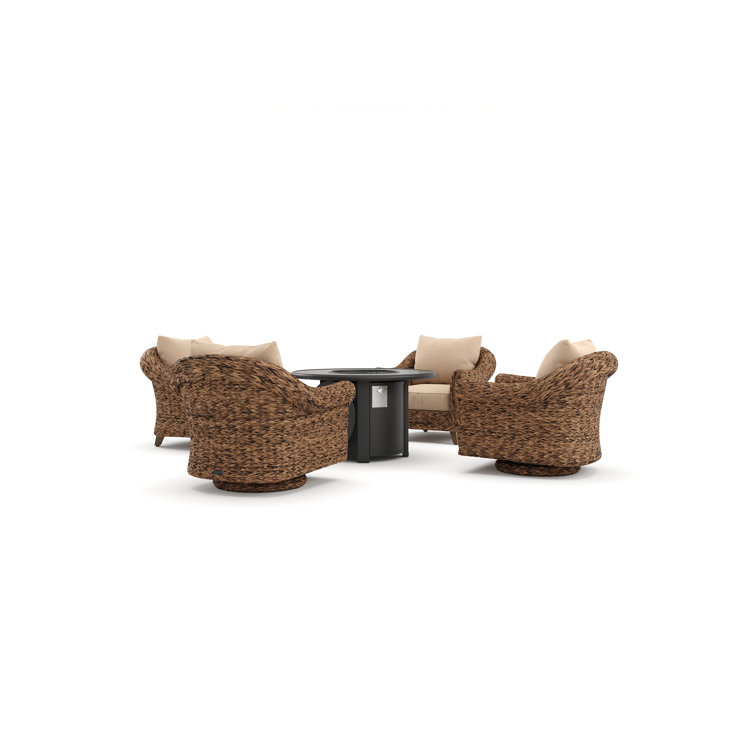 Heritage Brown Wicker 5 Piece Outdoor Seating Group with Fire Pit