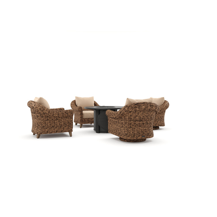 Heritage Brown Wicker 5 Piece Outdoor Seating Group with Fire Pit