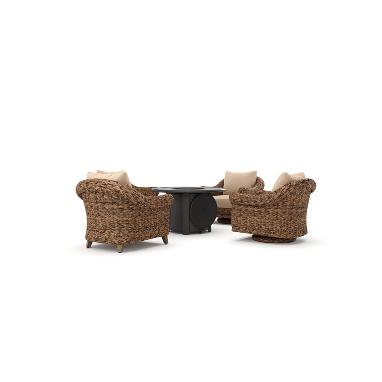 Heritage Brown Wicker 5 Piece Outdoor Seating Group with Fire Pit