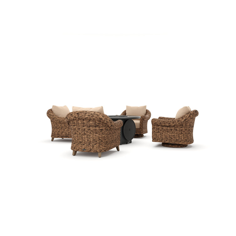 Heritage Brown Wicker 5 Piece Outdoor Seating Group with Fire Pit