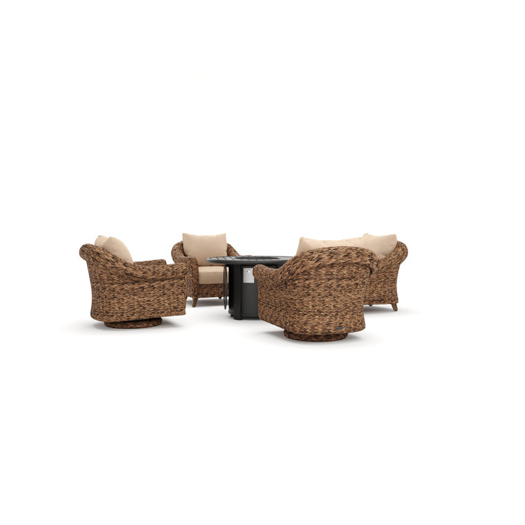Heritage Brown Wicker 5 Piece Outdoor Seating Group with Fire Pit