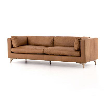 Naphina Camel Leather Tuxedo Arm Sofa with Oak Legs